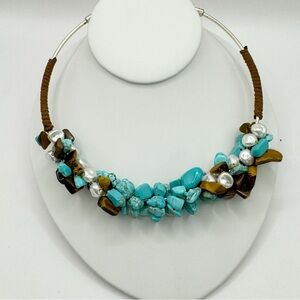 Tigers eye turquoise howlite stone and faux pearl chunky torque collar necklace